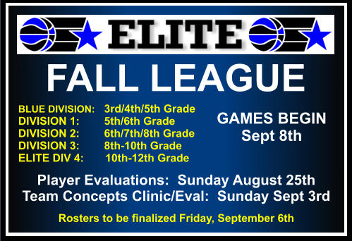 FALL LEAGUE  BLUE DIVISION:   3rd/4th/5th Grade DIVISION 1:        5th/6th Grade DIVISION 2:        6th/7th/8th Grade DIVISION 3:        8th-10th Grade ELITE DIV 4:       10th-12th Grade    GAMES BEGIN Sept 8th Player Evaluations:  Sunday August 25th Team Concepts Clinic/Eval:  Sunday Sept 3rd Rosters to be finalized Friday, September 6th