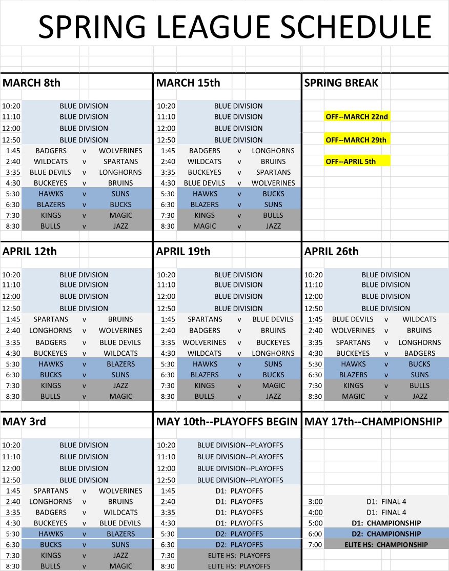 SPRING LEAGUE SCHEDULE MARCH 8th MARCH 15th SPRING BREAK 10:20 BLUE DIVISION 10:20 BLUE DIVISION 11:10 BLUE DIVISION 11:10 BLUE DIVISION OFF--MARCH 22nd 12:00 BLUE DIVISION 12:00 BLUE DIVISION 12:50 BLUE DIVISION 12:50 BLUE DIVISION OFF--MARCH 29th 1:45 BADGERS v WOLVERINES 1:45 BADGERS v LONGHORNS 2:40 WILDCATS v SPARTANS 2:40 WILDCATS v BRUINS OFF--APRIL 5th 3:35 BLUE DEVILS v LONGHORNS 3:35 BUCKEYES v SPARTANS 4:30 BUCKEYES v BRUINS 4:30 BLUE DEVILS v WOLVERINES 5:30 HAWKS v SUNS 5:30 HAWKS v BUCKS 6:30 BLAZERS v BUCKS 6:30 BLAZERS v SUNS 7:30 KINGS v MAGIC 7:30 KINGS v BULLS 8:30 BULLS v JAZZ 8:30 MAGIC v JAZZ APRIL 12th APRIL 19th APRIL 26th 10:20 BLUE DIVISION 10:20 BLUE DIVISION 10:20 BLUE DIVISION 11:10 BLUE DIVISION 11:10 BLUE DIVISION 11:10 BLUE DIVISION 12:00 BLUE DIVISION 12:00 BLUE DIVISION 12:00 BLUE DIVISION 12:50 BLUE DIVISION 12:50 BLUE DIVISION 12:50 BLUE DIVISION 1:45 SPARTANS v BRUINS 1:45 SPARTANS v BLUE DEVILS 1:45 BLUE DEVILS v WILDCATS 2:40 LONGHORNS v WOLVERINES 2:40 BADGERS v BRUINS 2:40 WOLVERINES v BRUINS 3:35 BADGERS v BLUE DEVILS 3:35 WOLVERINES v BUCKEYES 3:35 SPARTANS v LONGHORNS 4:30 BUCKEYES v WILDCATS 4:30 WILDCATS v LONGHORNS 4:30 BUCKEYES v BADGERS 5:30 HAWKS v BLAZERS 5:30 HAWKS v SUNS 5:30 HAWKS v BUCKS 6:30 BUCKS v SUNS 6:30 BLAZERS v BUCKS 6:30 BLAZERS v SUNS 7:30 KINGS v JAZZ 7:30 KINGS v MAGIC 7:30 KINGS v BULLS 8:30 BULLS v MAGIC 8:30 BULLS v JAZZ 8:30 MAGIC v JAZZ MAY 3rd MAY 10th--PLAYOFFS BEGIN MAY 17th--CHAMPIONSHIP 10:20 BLUE DIVISION 10:20 BLUE DIVISION--PLAYOFFS 11:10 BLUE DIVISION 11:10 BLUE DIVISION--PLAYOFFS 12:00 BLUE DIVISION 12:00 BLUE DIVISION--PLAYOFFS 12:50 BLUE DIVISION 12:50 BLUE DIVISION--PLAYOFFS 1:45 SPARTANS v WOLVERINES 1:45 D1:  PLAYOFFS 2:40 LONGHORNS v BRUINS 2:40 D1:  PLAYOFFS 3:00 D1:  FINAL 4 3:35 BADGERS v WILDCATS 3:35 D1:  PLAYOFFS 4:00 D1:  FINAL 4 4:30 BUCKEYES v BLUE DEVILS 4:30 D1:  PLAYOFFS 5:00 D1:  CHAMPIONSHIP 5:30 HAWKS v BLAZERS 5:30 D2:  PLAYOFFS 6:00 D2:  CHAMPIONSHIP 6:30 BUCKS v SUNS 6:30 D2:  PLAYOFFS 7:00 ELITE HS:  CHAMPIONSHIP 7:30 KINGS v JAZZ 7:30 ELITE HS:  PLAYOFFS 8:30 BULLS v MAGIC 8:30 ELITE HS:  PLAYOFFS