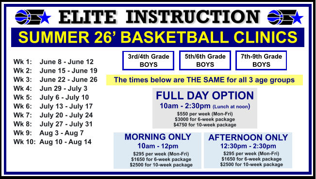 SUMMER 26’ BASKETBALL CLINICS  Wk 1:    June 8 - June 12 Wk 2:    June 15 - June 19 Wk 3:    June 22 - June 26 Wk 4:    Jun 29 - July 3  Wk 5:    July 6 - July 10 Wk 6:    July 13 - July 17 Wk 7:    July 20 - July 24 Wk 8:    July 27 - July 31 Wk 9:    Aug 3 - Aug 7 Wk 10:  Aug 10 - Aug 14  FULL DAY OPTION 10am - 2:30pm (Lunch at noon) $550 per week (Mon-Fri) $3000 for 6-week package $4750 for 10-week package 3rd/4th Grade BOYS 7th-9th Grade BOYS 5th/6th Grade BOYS MORNING ONLY 10am - 12pm      $295 per week (Mon-Fri)      $1650 for 6-week package      $2500 for 10-week package  AFTERNOON ONLY 12:30pm - 2:30pm      $295 per week (Mon-Fri)      $1650 for 6-week package      $2500 for 10-week package  The times below are THE SAME for all 3 age groups